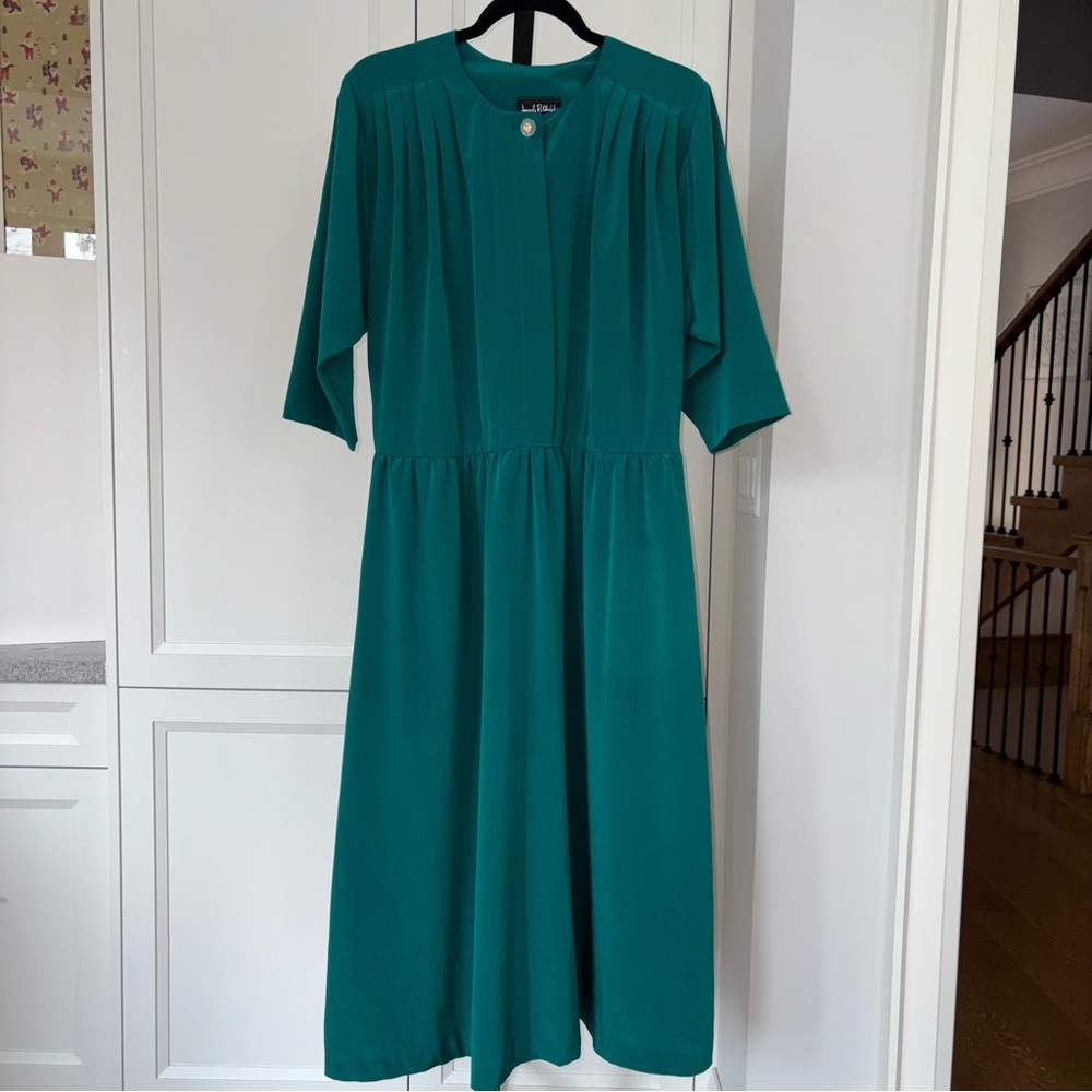 Vintage Joseph Ribkoff 80s Green Pleated Crinkle Midi Dress